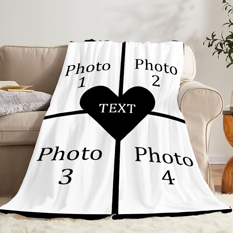Personalized Photo Heart Pattern Flannel Blanket - Gift for Family